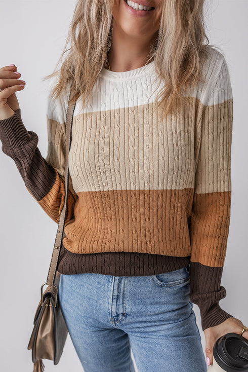 Textured Cable Knit Crew Neck Pullover Sweater