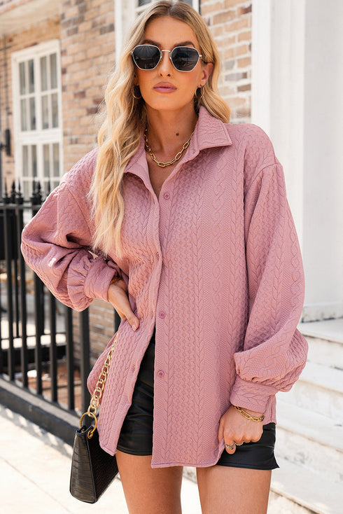Textured Cable Knit Long Sleeve Button Down Shirt