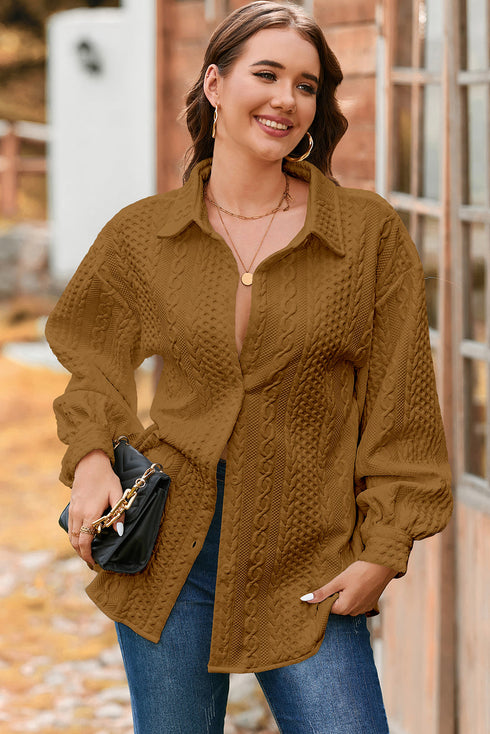 Textured Cable Knit Long Sleeve Button Down Shirt