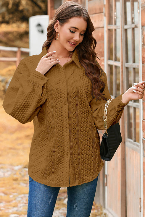 Textured Cable Knit Long Sleeve Button Down Shirt