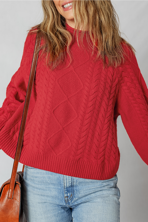 Textured Cable Knit Mock Neck Pullover Sweater