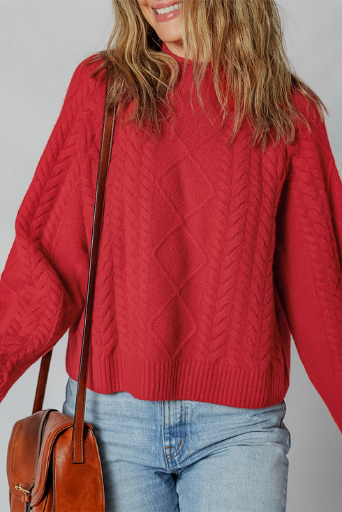 Textured Cable Knit Mock Neck Pullover Sweater