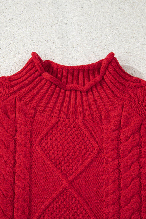 Textured Cable Knit Mock Neck Pullover Sweater