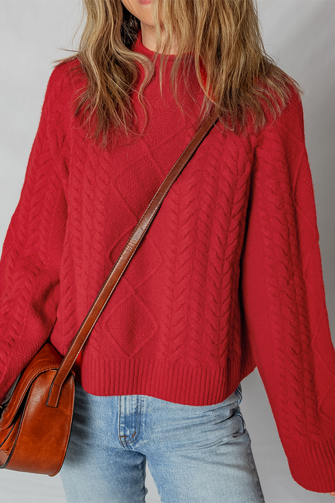 Textured Cable Knit Mock Neck Pullover Sweater