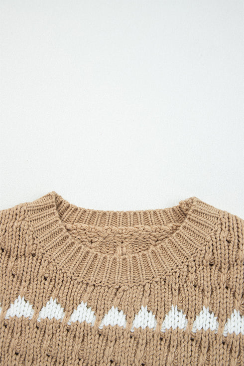 Textured Cable Knit Stripe Detail Pullover Sweater