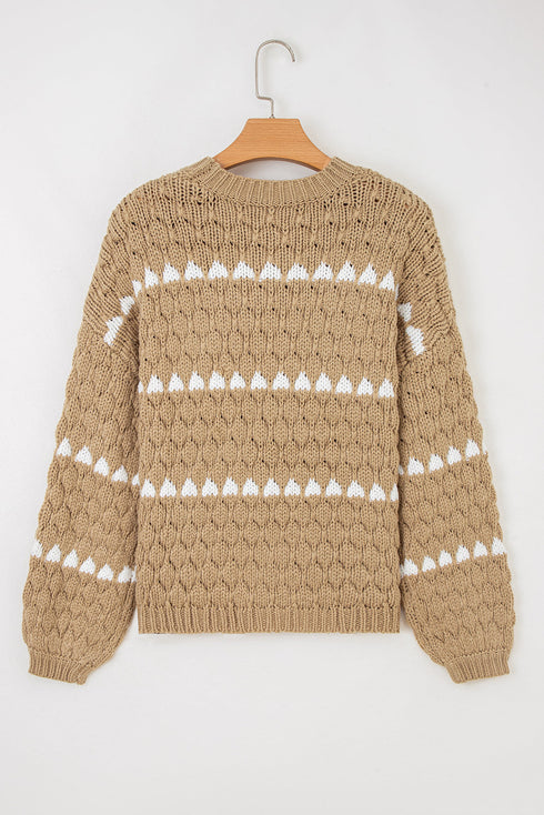 Textured Cable Knit Stripe Detail Pullover Sweater