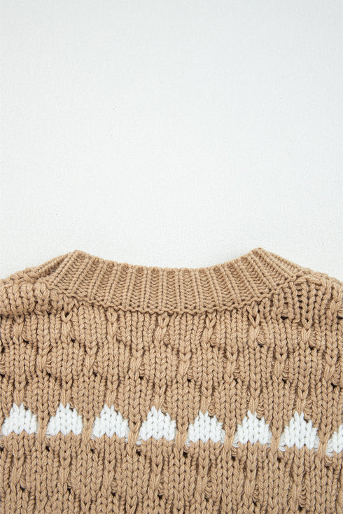 Textured Cable Knit Stripe Detail Pullover Sweater