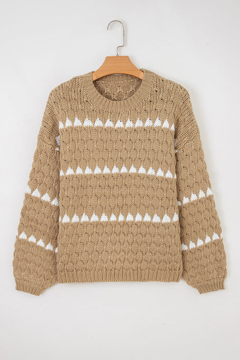 Textured Cable Knit Stripe Detail Pullover Sweater