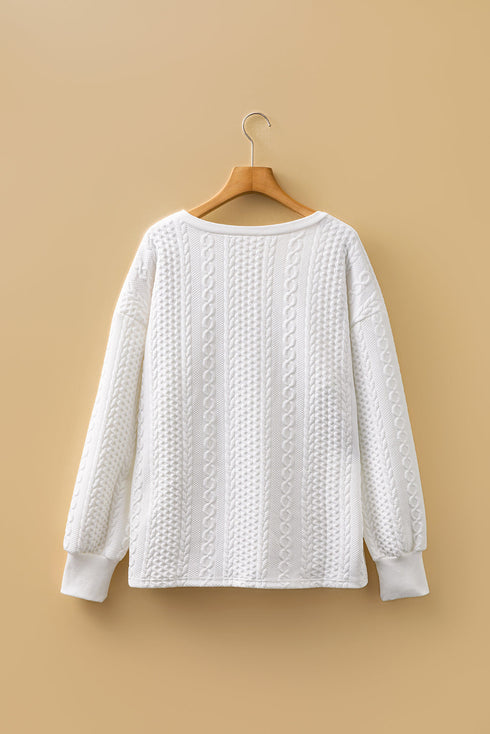 Textured Cable Knit V Neck Drop Shoulder Top