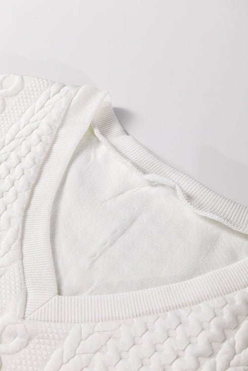 Textured Cable Knit V Neck Drop Shoulder Top