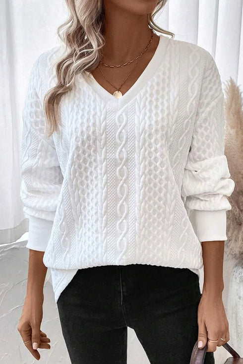 Textured Cable Knit V Neck Drop Shoulder Top
