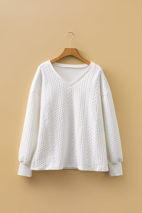 Textured Cable Knit V Neck Drop Shoulder Top