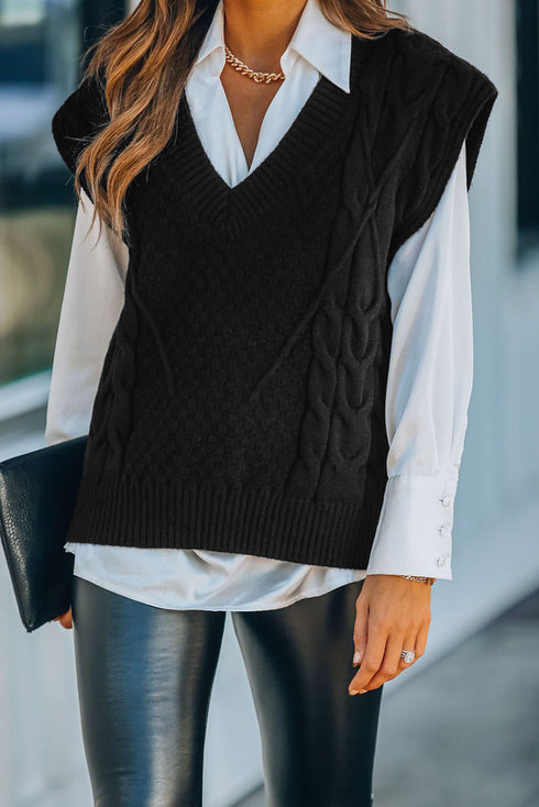 Textured Cable Knit V Neck Sweater Vest