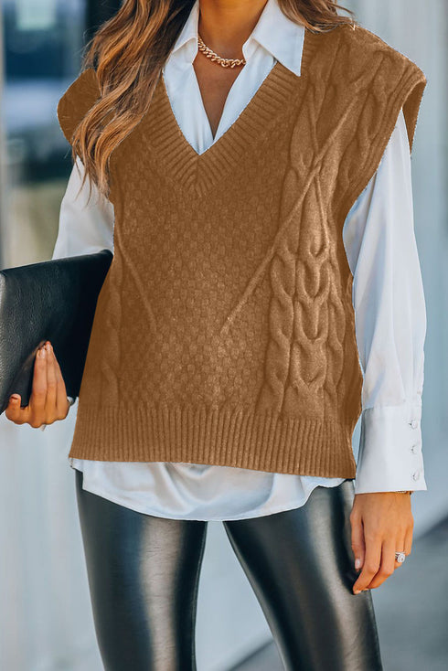Textured Cable Knit V Neck Sweater Vest