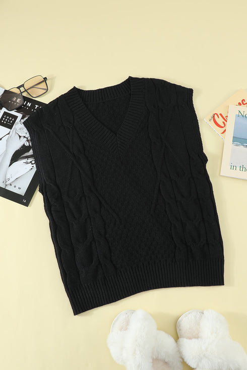Textured Cable Knit V Neck Sweater Vest