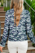 Textured Camouflage Lace Trim Button Front Long Sleeve Top