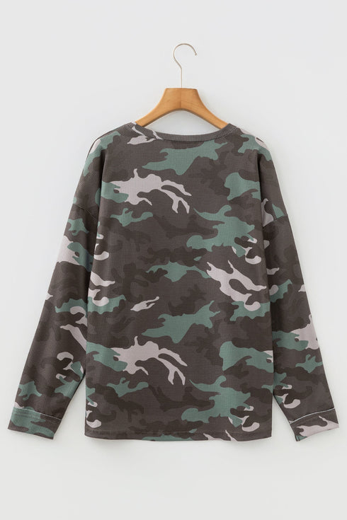 Textured Camouflage Pattern Drop Shoulder Long Sleeve Top