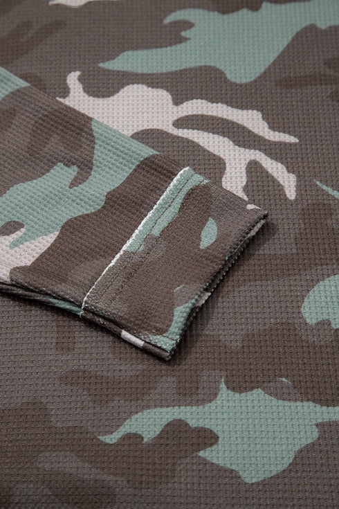 Textured Camouflage Pattern Drop Shoulder Long Sleeve Top