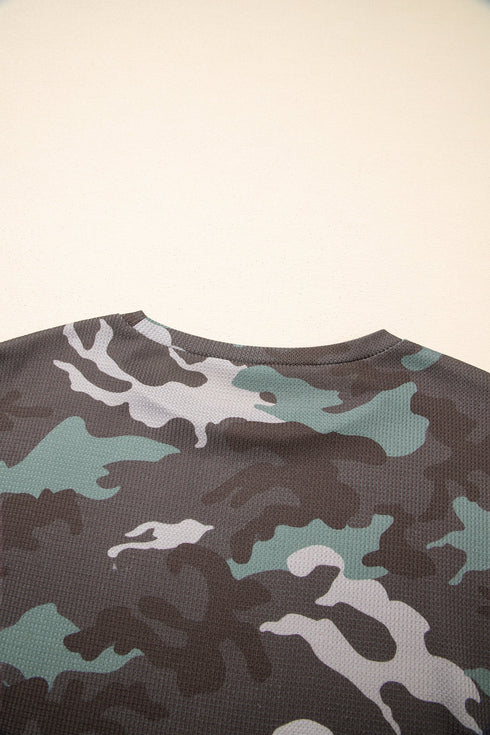 Textured Camouflage Pattern Drop Shoulder Long Sleeve Top