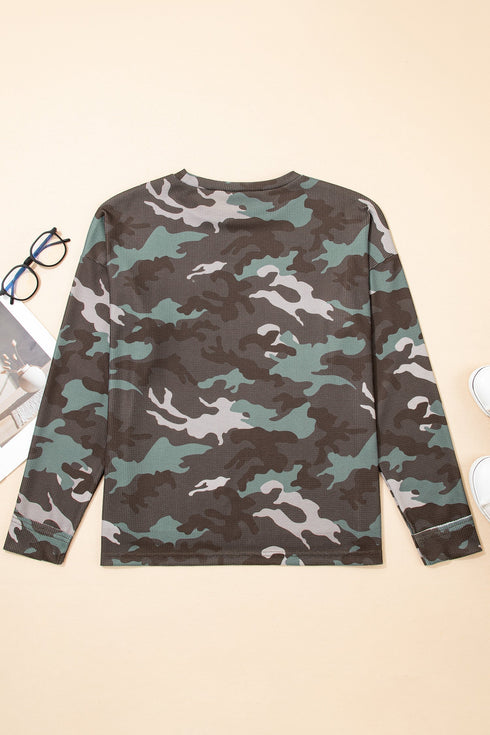 Textured Camouflage Pattern Drop Shoulder Long Sleeve Top