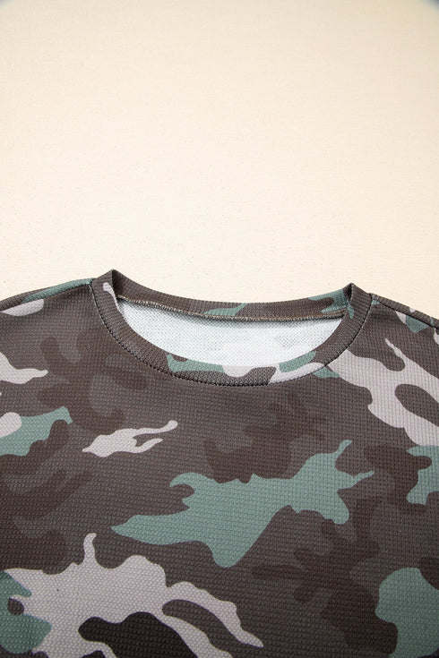 Textured Camouflage Pattern Drop Shoulder Long Sleeve Top