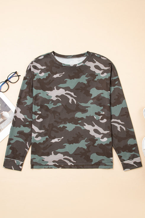 Textured Camouflage Pattern Drop Shoulder Long Sleeve Top