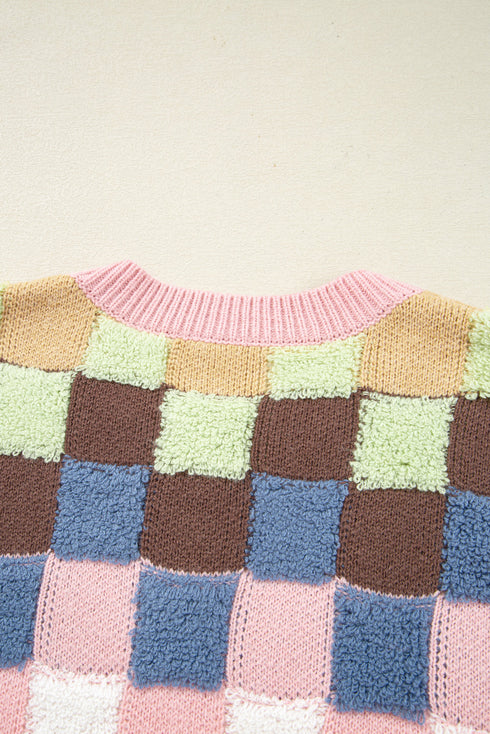 Textured Checkerboard Knit Button Front Cardigan