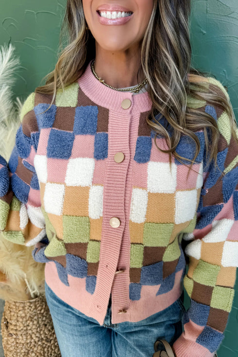 Textured Checkerboard Knit Button Front Cardigan