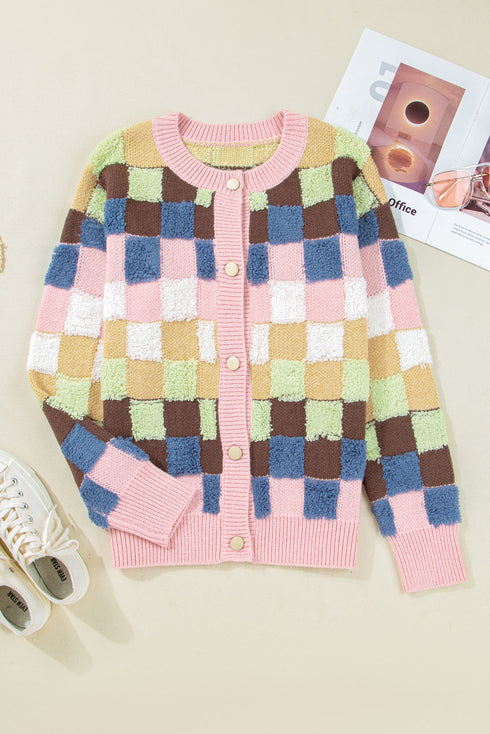 Textured Checkerboard Knit Button Front Cardigan