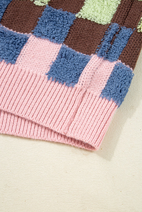 Textured Checkerboard Knit Button Front Cardigan
