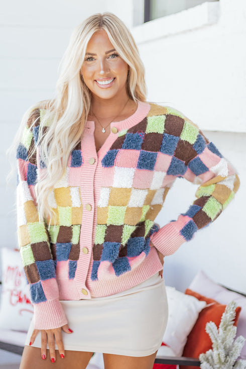 Textured Checkerboard Knit Button Front Cardigan