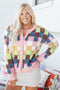 Textured Checkerboard Knit Button Front Cardigan