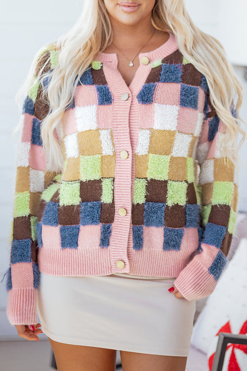 Textured Checkerboard Knit Button Front Cardigan