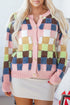 Textured Checkerboard Knit Button Front Cardigan