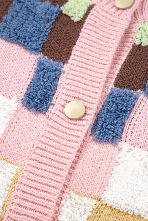 Textured Checkerboard Knit Button Front Cardigan