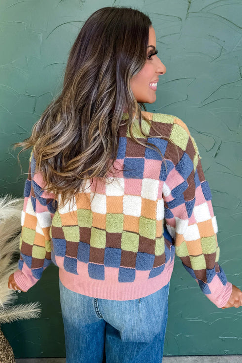 Textured Checkerboard Knit Button Front Cardigan