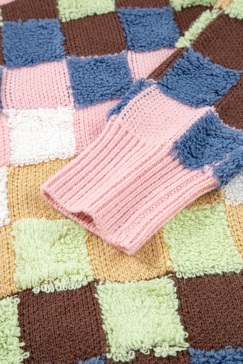 Textured Checkerboard Knit Button Front Cardigan