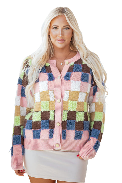 Textured Checkerboard Knit Button Front Cardigan