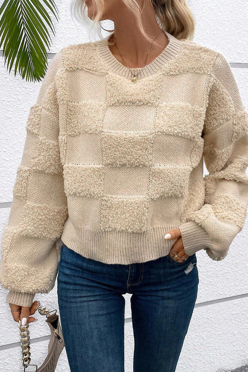 Textured Checkerboard Knit Crew Neck Sweater