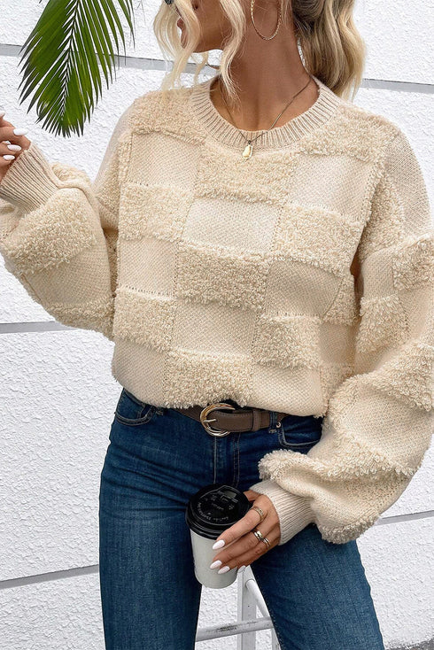 Textured Checkerboard Knit Crew Neck Sweater