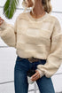 Textured Checkerboard Knit Crew Neck Sweater