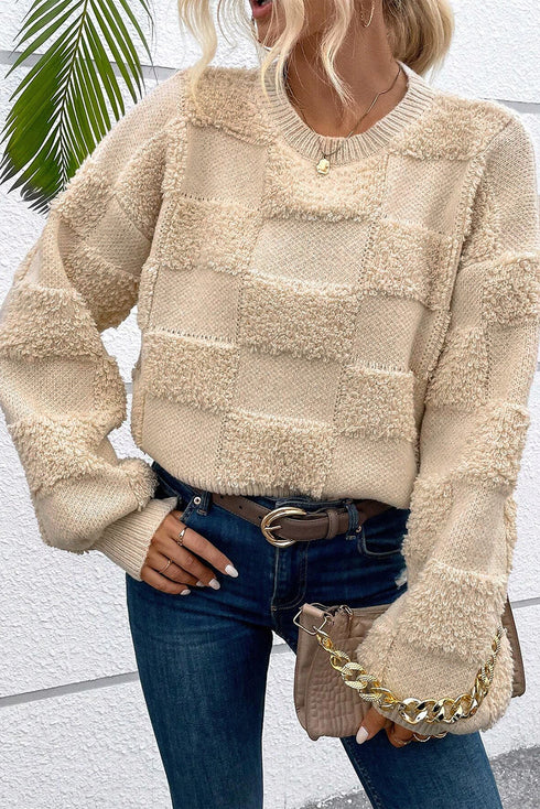 Textured Checkerboard Knit Crew Neck Sweater