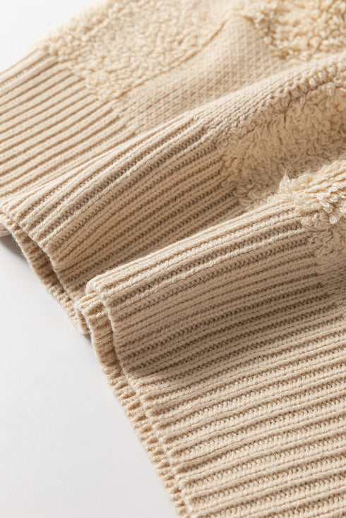 Textured Checkerboard Knit Crew Neck Sweater