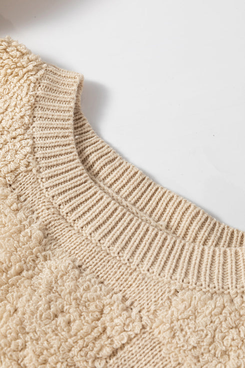 Textured Checkerboard Knit Crew Neck Sweater