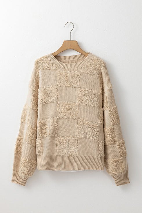 Textured Checkerboard Knit Crew Neck Sweater