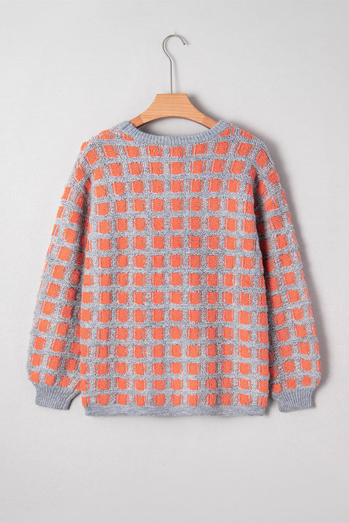 Textured Checkerboard Knit Drop Shoulder Pullover Sweater