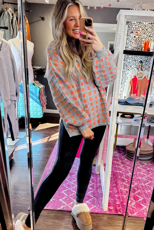 Textured Checkerboard Knit Drop Shoulder Pullover Sweater