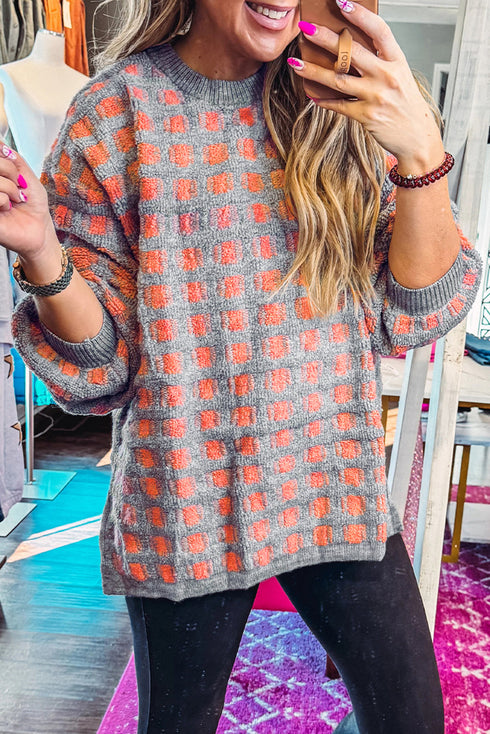 Textured Checkerboard Knit Drop Shoulder Pullover Sweater