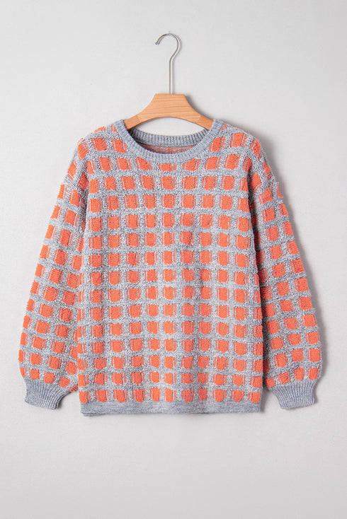 Textured Checkerboard Knit Drop Shoulder Pullover Sweater