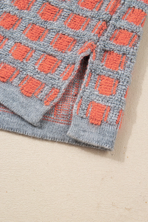 Textured Checkerboard Knit Drop Shoulder Pullover Sweater